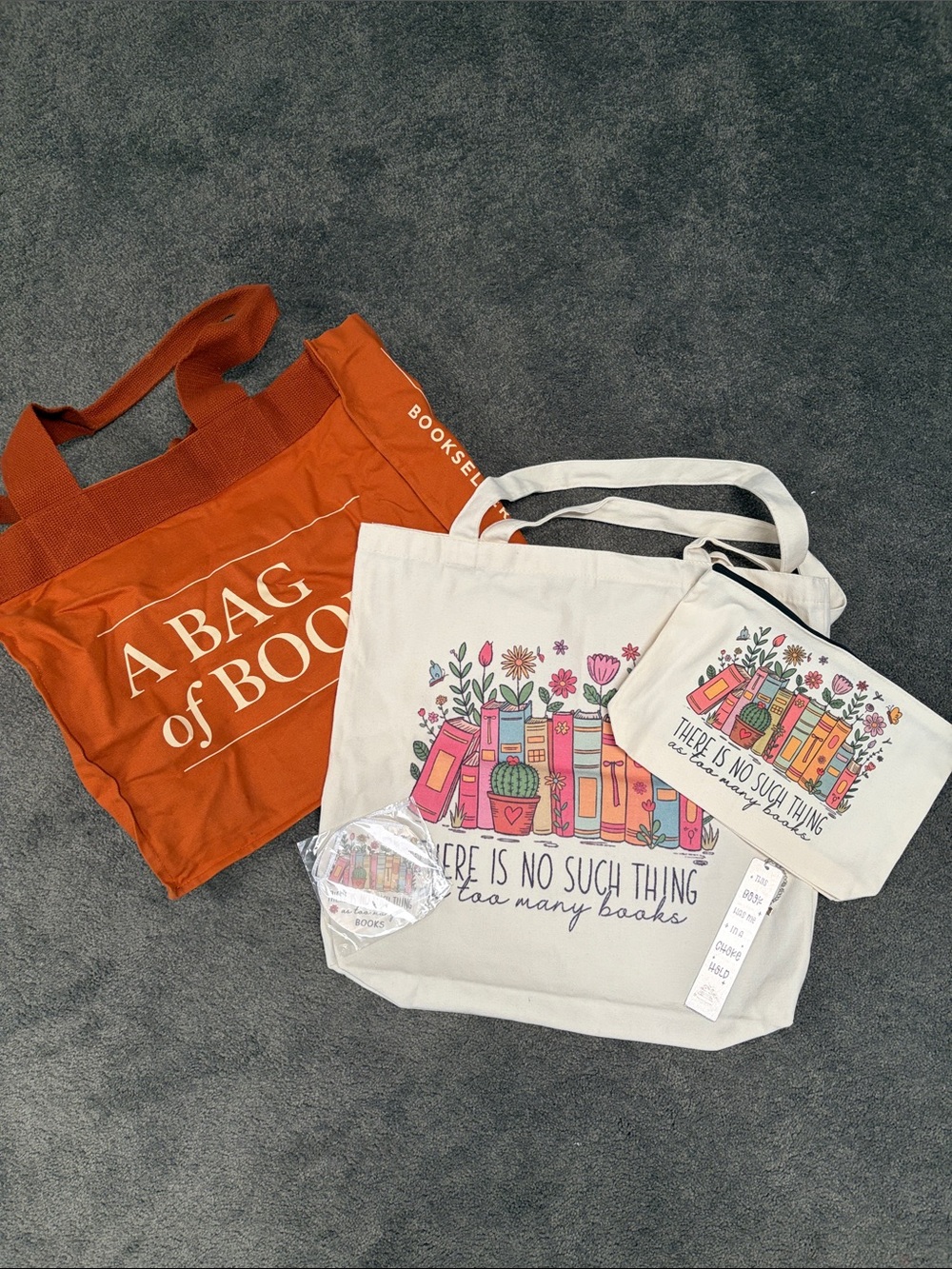 "There Is No Such Thing as Too Many Books" set and “A Bag of Books” from B&N
